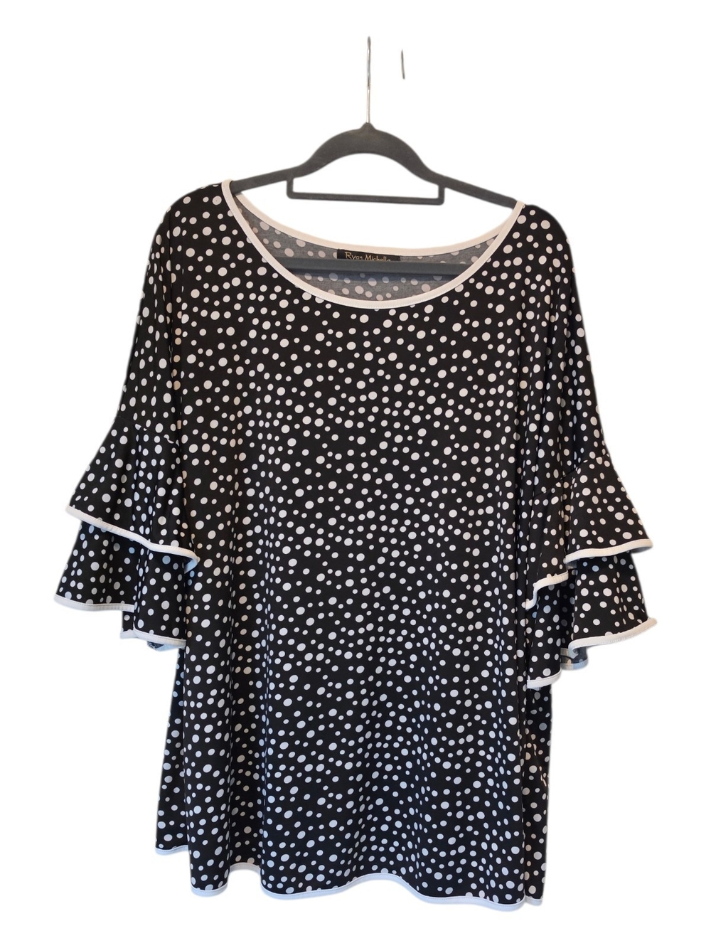 Polka Dot Ruffle Sleeve Blouse with Contrast Trim - Black And White Size 3X